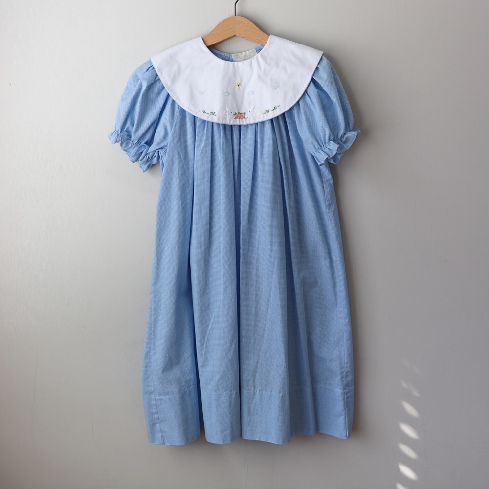 Vintage Rosalina Collections Gingham Embroidered Rabbit Bib Blue Dress 5